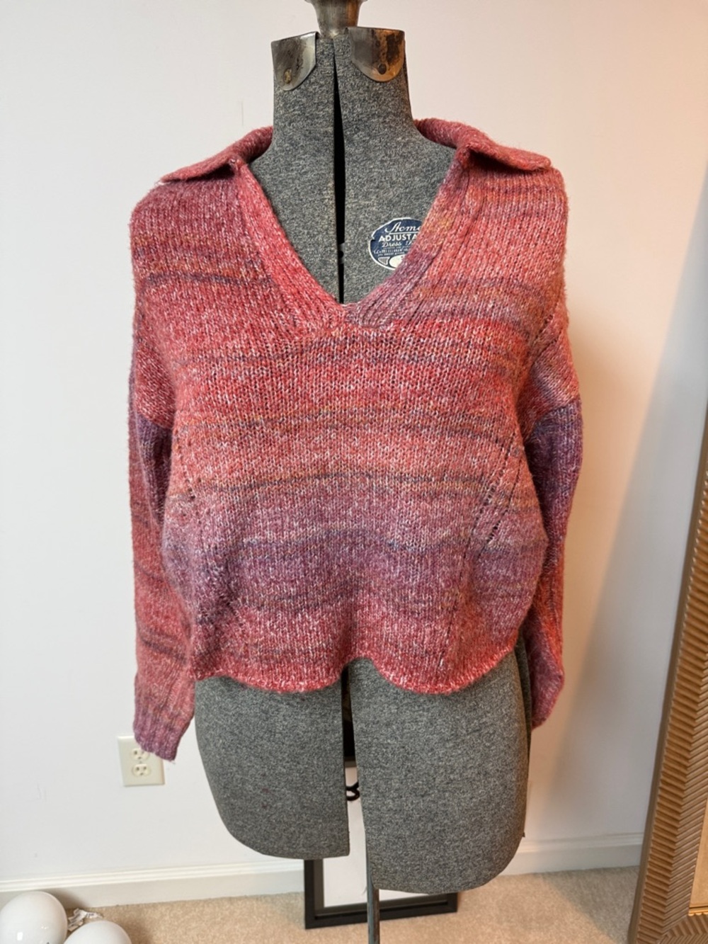 Central Park West Pink Multi V-Neck Collared Sweater